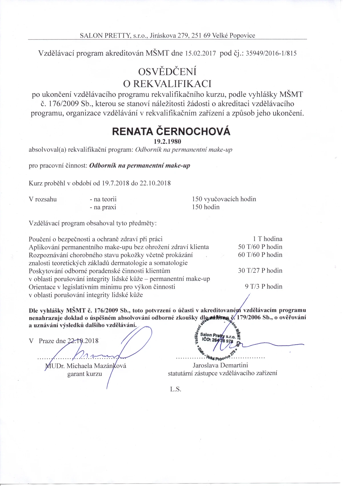 Osvědčení MŠMT — Odborník na PMU, 300 hodin, 2018