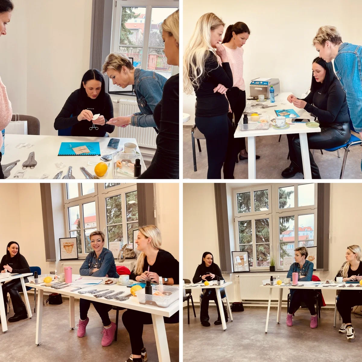 Skupinový workshop piercingu v Teplicích — studentky u stolů s pomůckami