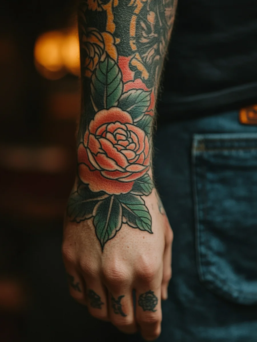 Detail barevného květinového tetování na ruce
